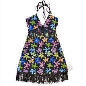 ASOS Design Neon Floral Fringe Hem Halter Mini Dress Size 2